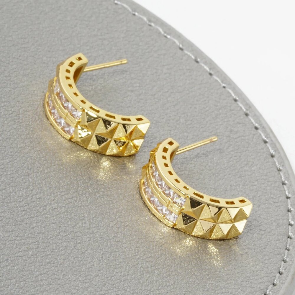 14K GOLD DIPPED CUBIC ZIRCONIA 17MM HALF CIRCLE STUDDED OPEN HOOP EARRIN…